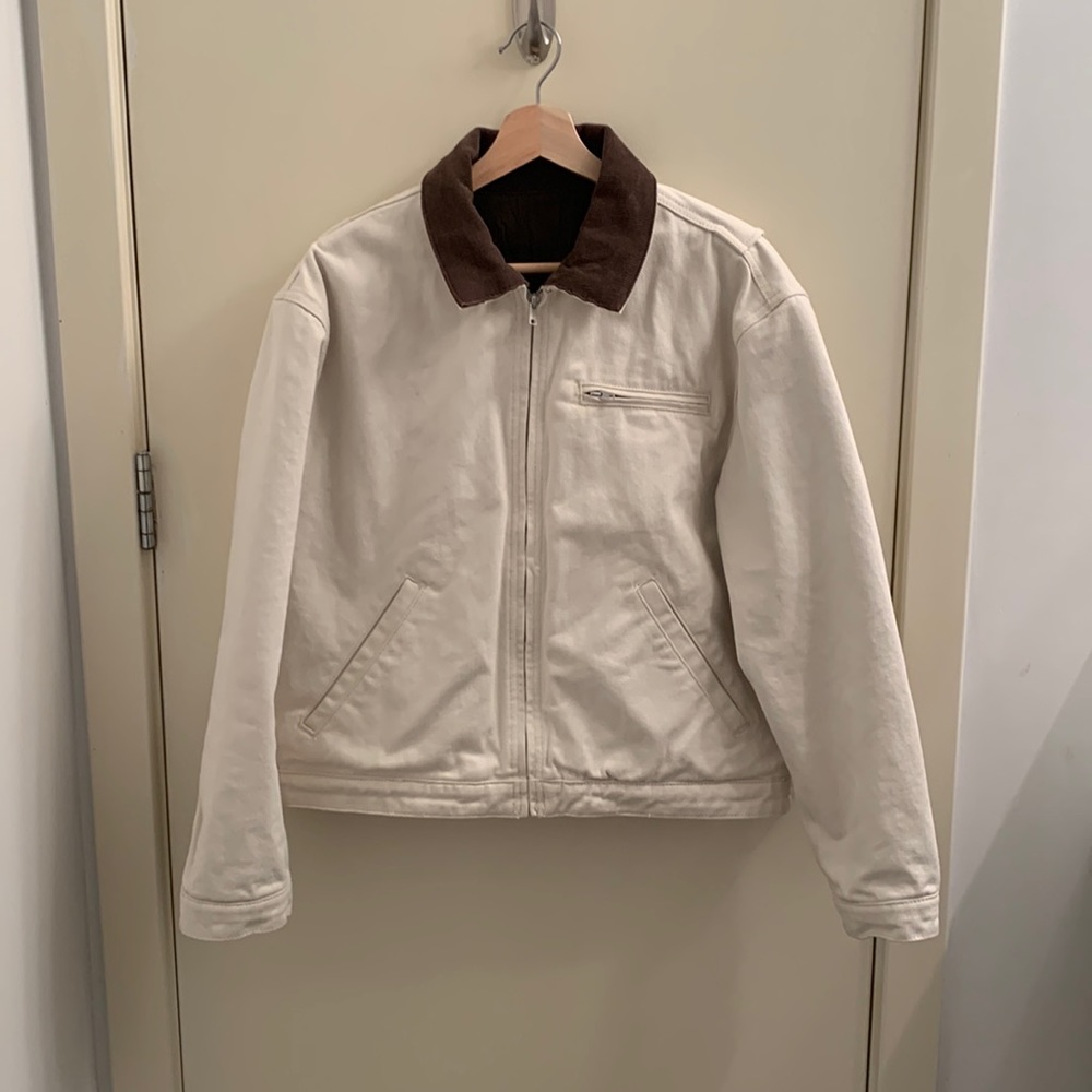 Brandy Melville white canvas bomber jacket with brown corduroy collar